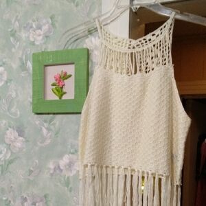 SHEIN Ivory Crochet Fringe Blouse